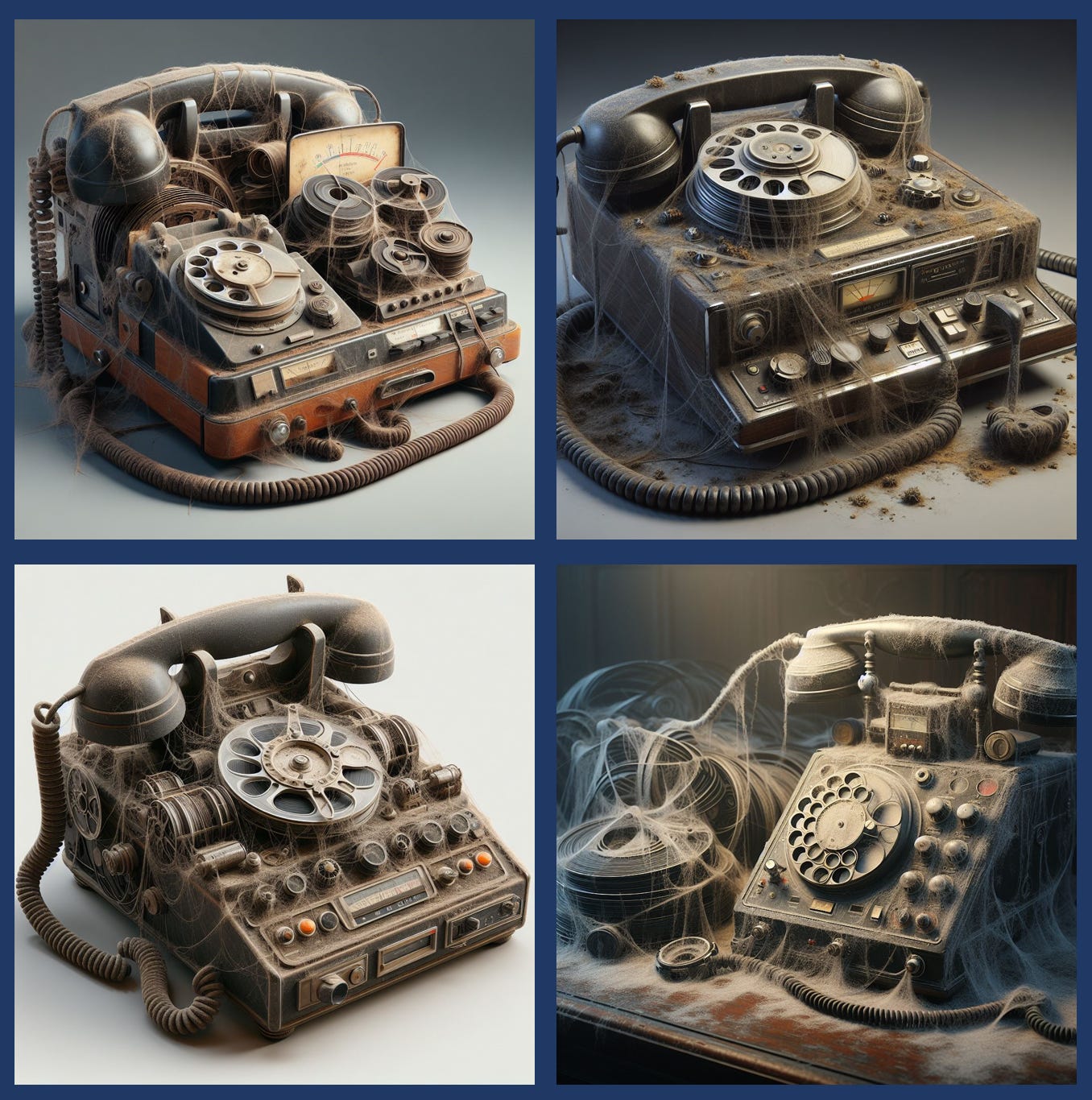 A set of four images of fantastically complicated antique phones built into recording devices and covered in cobwebs and dust created by DALL-E through Bing Copilot.