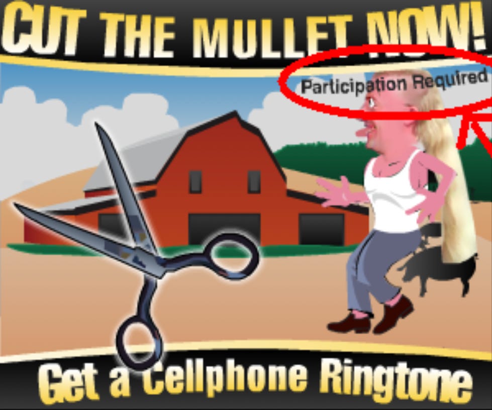 An animated banner ad from 2008 with a long haired man running back and forth across the screen and a pair of scissors that you controlled to click and "cut" the mullet for a free ringtone. The phrase "Participation Required" is circled in red to encourage people to play, tricking them into the scam.