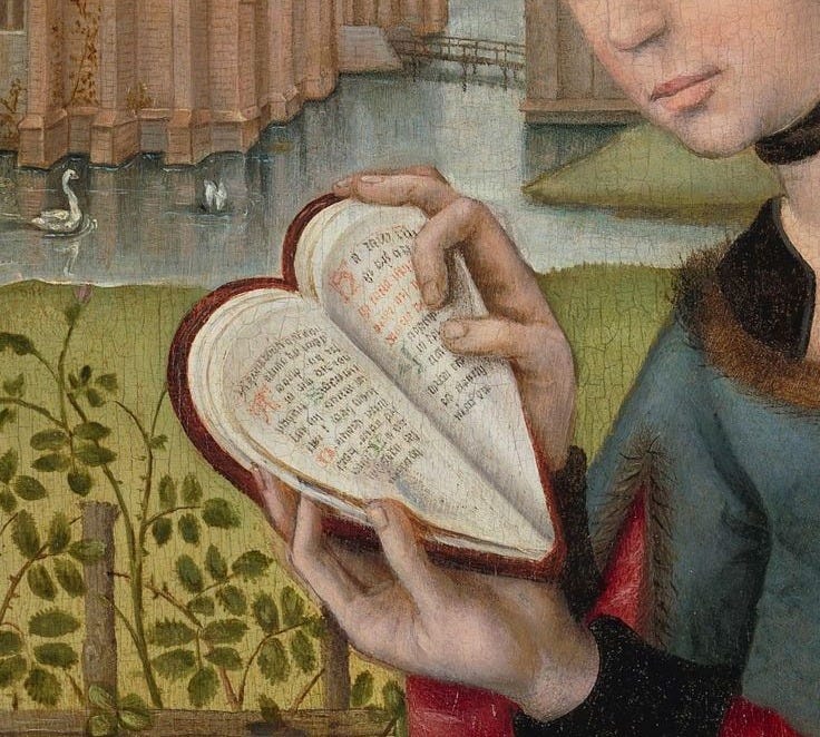 This may contain: a painting of a woman holding an open book in her right hand and looking at the viewer