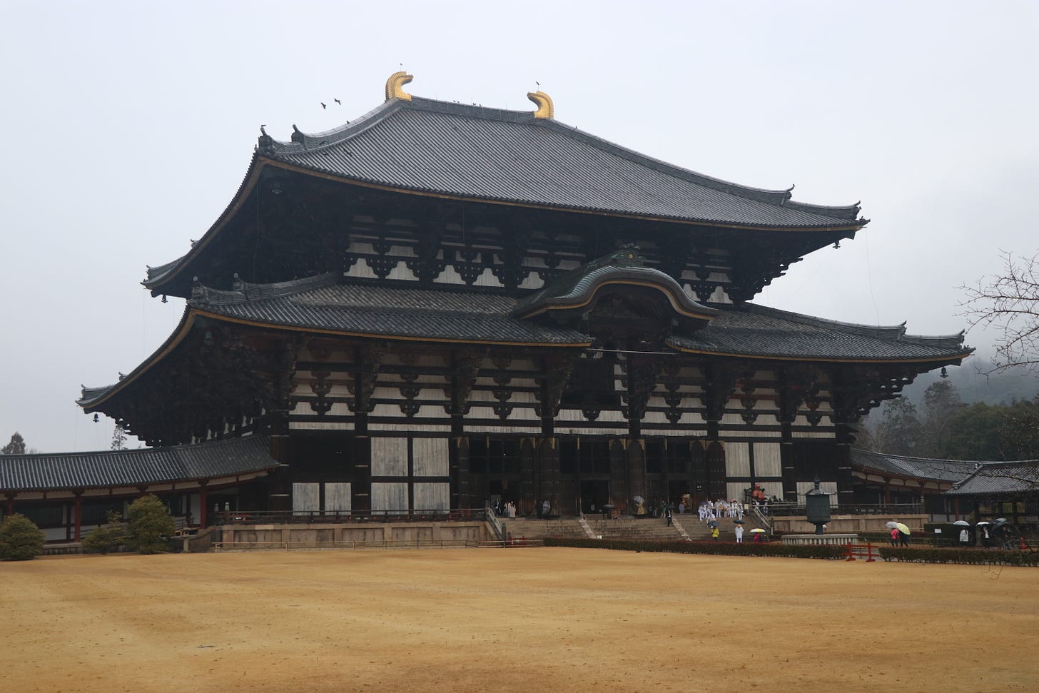 A very large wooden Japanese temple under a gray sky