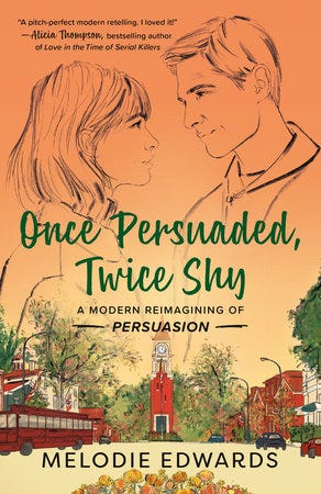 Image of cover for Once Persuaded, Twice Shy by Melodie Edwards, which features a gorgeous ombre orange sky background with line drawing illustrations of a woman and man looking at each other, and then underneath that a more detailed colored illustration of the town.