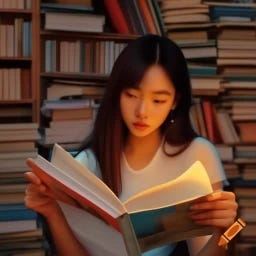 asian woman reading pop fiction and surrounded by paperback books