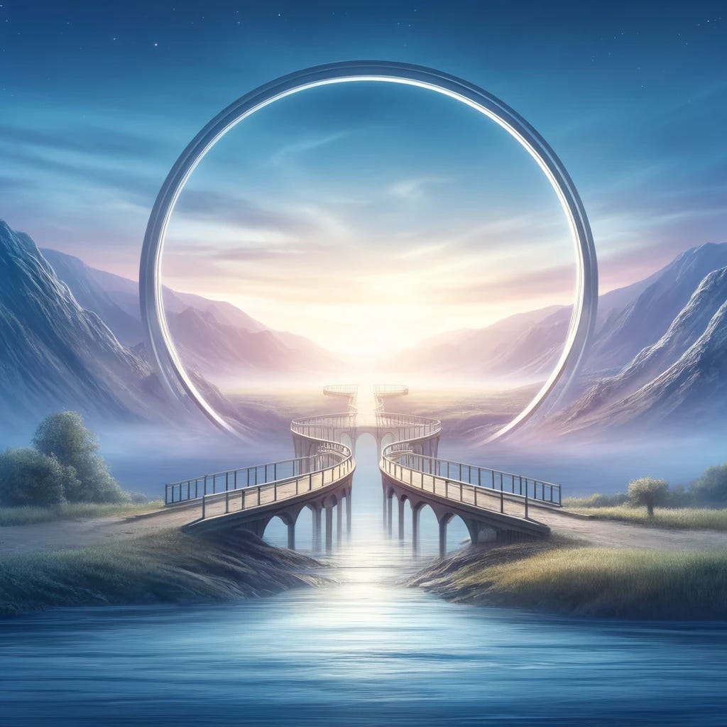 A serene landscape featuring a symbolic bridge connecting two lands, representing the journey from cancer treatment to survivorship and the need for guidance in chronic pain management. The bridge is sturdy and well-lit, symbolizing hope and a clear path forward. The scene is set during a calm twilight, with soft hues of blue and purple in the sky, and a gentle river flowing beneath the bridge. This metaphorical image conveys the transition, support, and guidance needed in managing chronic cancer pain without using any text or explicit medical imagery.