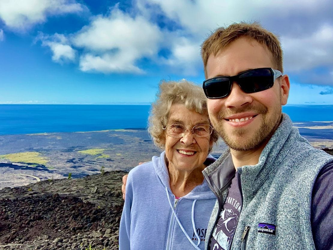 Grandma Joy and her grandson Brad Ryan, at Hawaii Volcanoes National Park, spent eight years traveling to all 63 US National Parks.