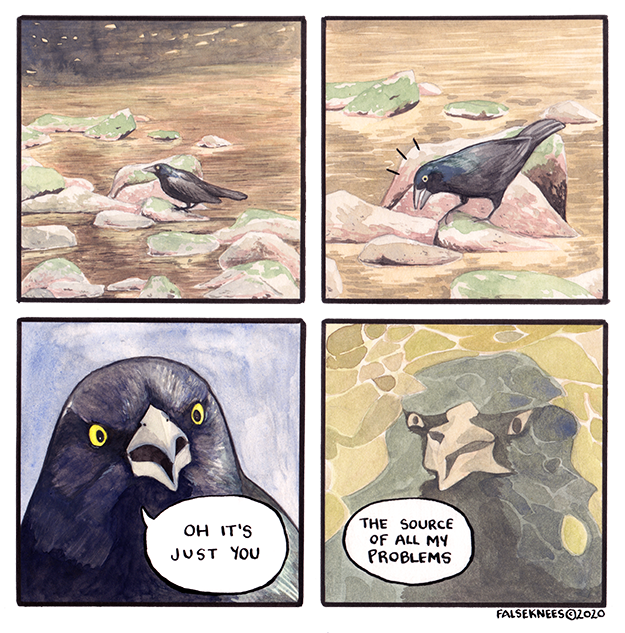 False Knees - Tirinha de quatro quadros com um passarinho preto