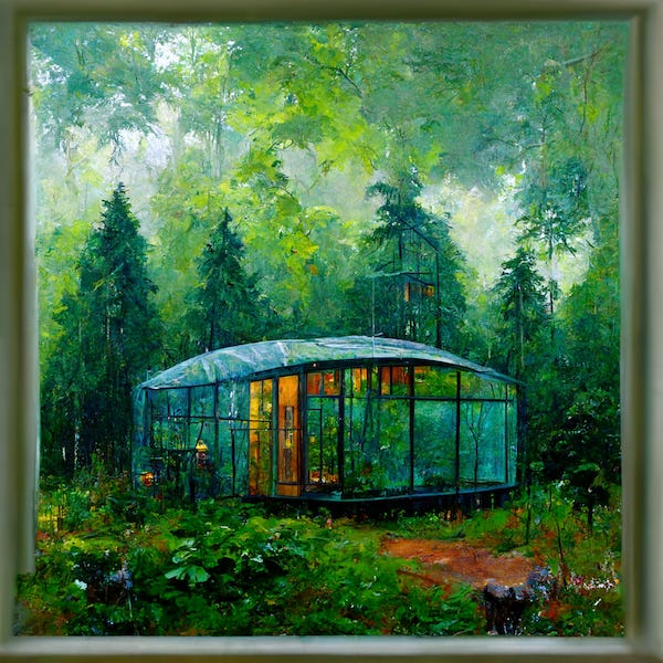 Glazen huis in een bosachtige omgeving.