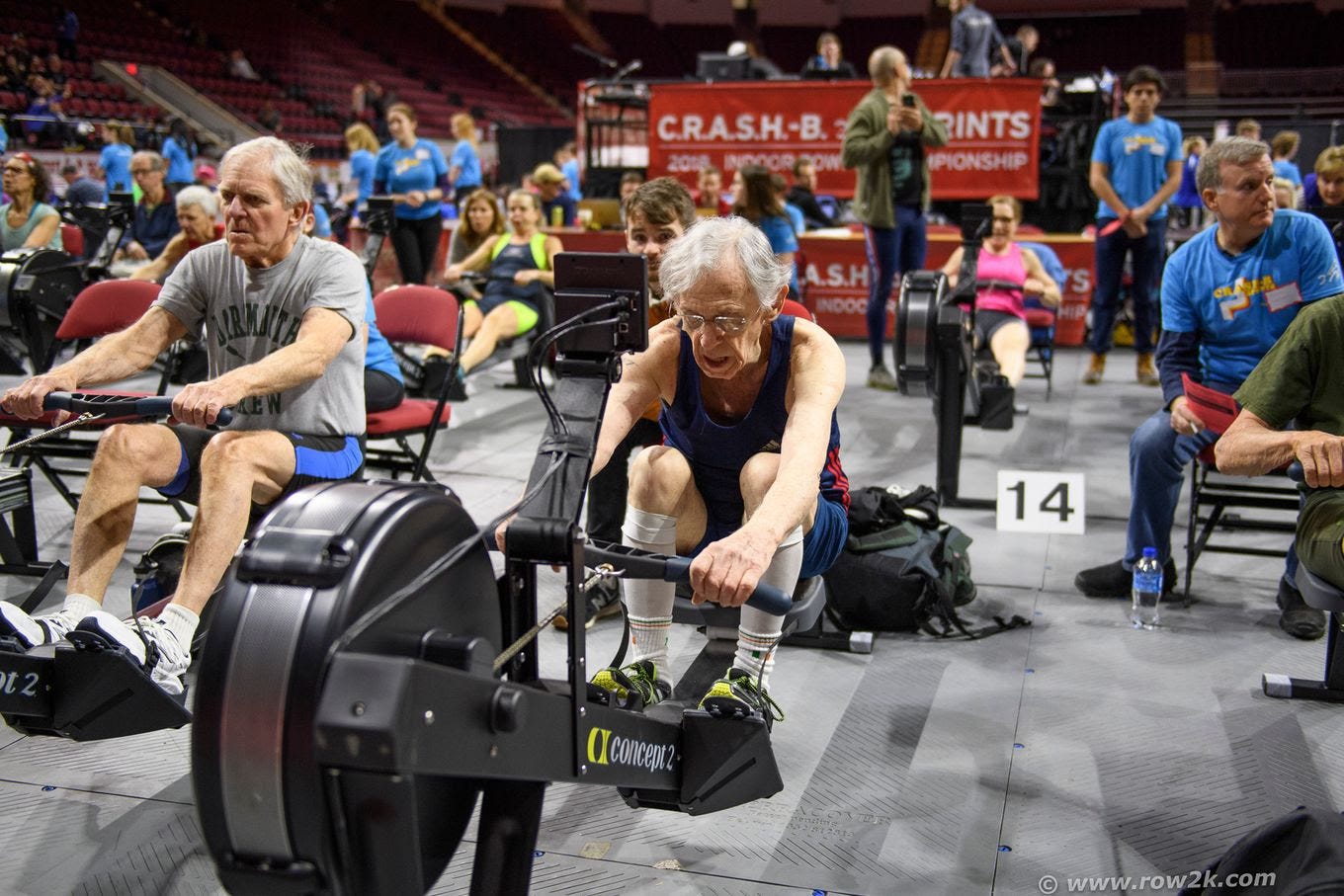 Richard Morgan competes in an indoor rowing competition in 2018. (Row2k.com)