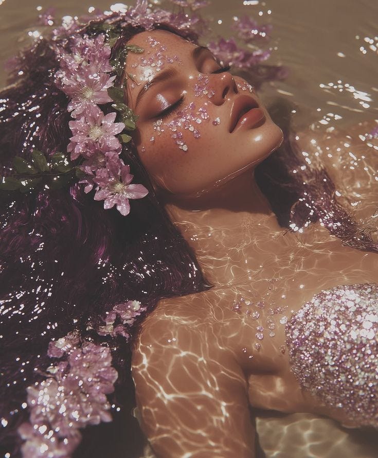 This may contain: a beautiful woman laying in the water with flowers on her head and arms around her neck