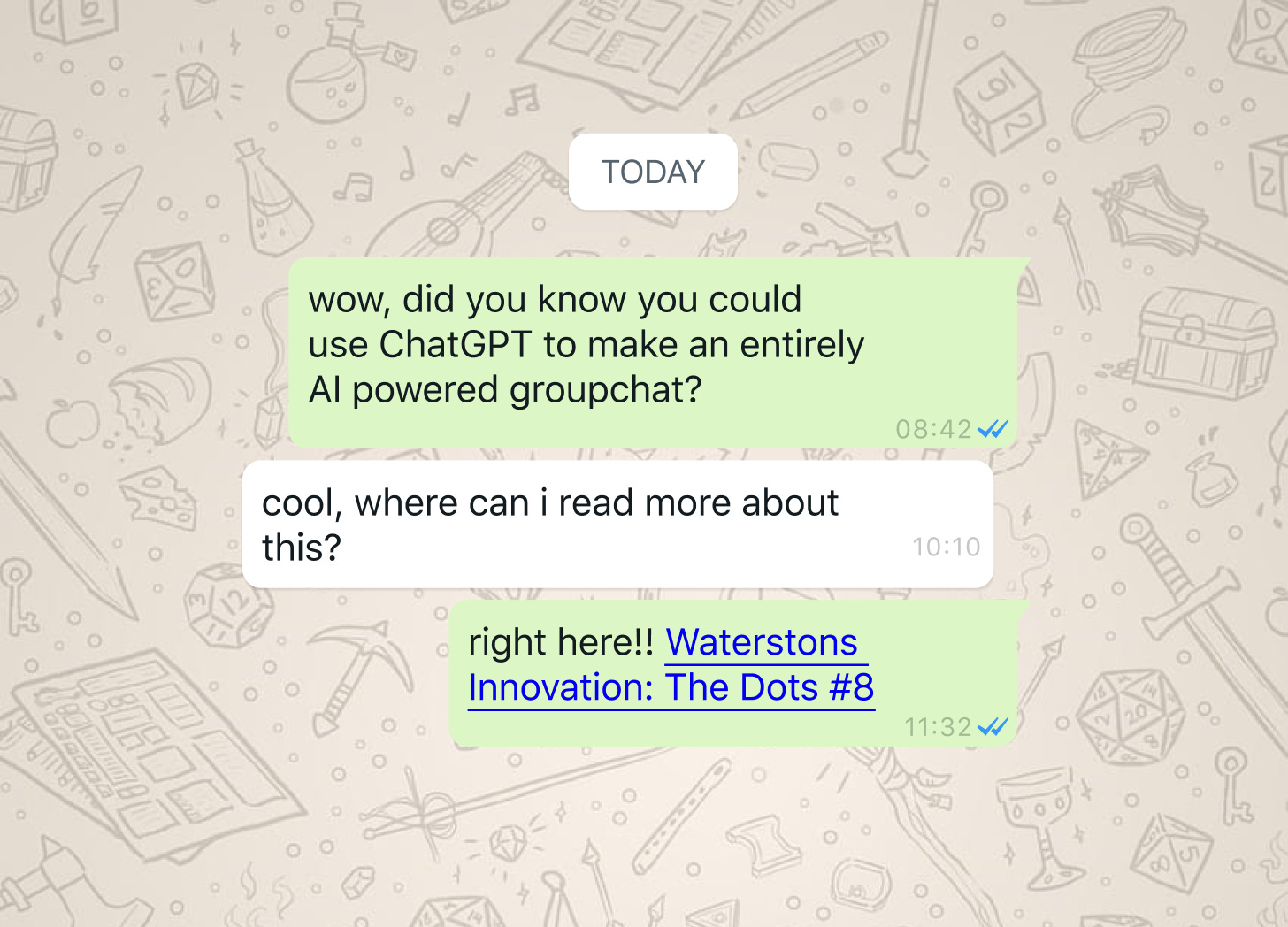 a fake whatsapp chat looking interface, with people talking about this article