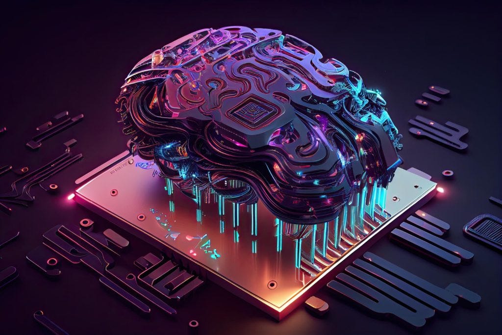 Uma espécie de cérebro robotico em cima de um chip gigante em um fundo de sistemas eletronicos