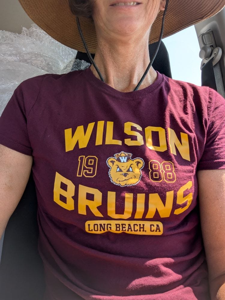 a close-up of my t-shirt, which says Wilson Bruins, 1988, Long Beach, CA, and features a grumpy teddy bear face