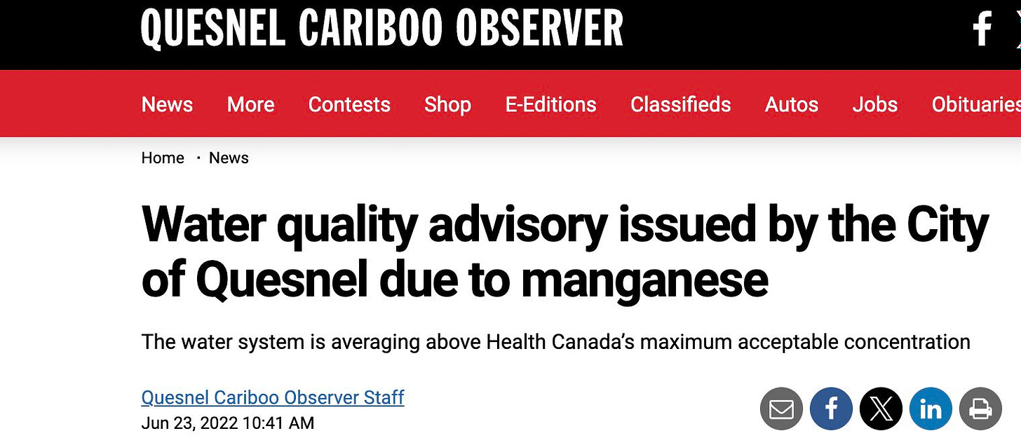 May be a graphic of body of water and text that says 'QUESNEL CARIBOO OBSERVER News More Contests Home Shop News E-Editions f Classifieds Autos Jobs Obituarie Water quality advisory issued by the City of Quesnel due to manganese The water system is averaging above Health Canada's maximum acceptable concentration Quesnel Cariboo Observer Staff Jun 23, 2022 10:41 AM f'