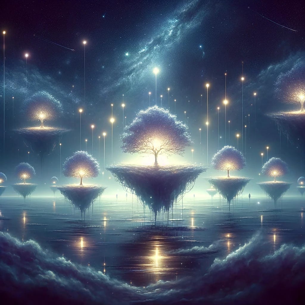 Illustrate an ethereal landscape that captures the essence of solitude and interconnectedness within the human experience. Imagine a vast, twilight realm where numerous floating islands drift gently in a starlit sky, each island hosting a single, glowing tree. These trees symbolize individual spirits, shining with their own light yet connected by ethereal bridges of light, representing the bonds of empathy and understanding that link us despite our inherent solitude. Below, a tranquil sea mirrors the sky, reflecting the islands and their luminous connections, suggesting the deep, underlying unity of all existence. The scene conveys the profound truth of being alone together, the solitude of individual experiences juxtaposed with the invisible threads that weave the fabric of human connection. This visual metaphor embodies the quote's exploration of the solitary nature of experience and the communal effort to transcend it, highlighting the paradox of our shared solitude and the beauty of our attempts to bridge the gaps between our island universes.