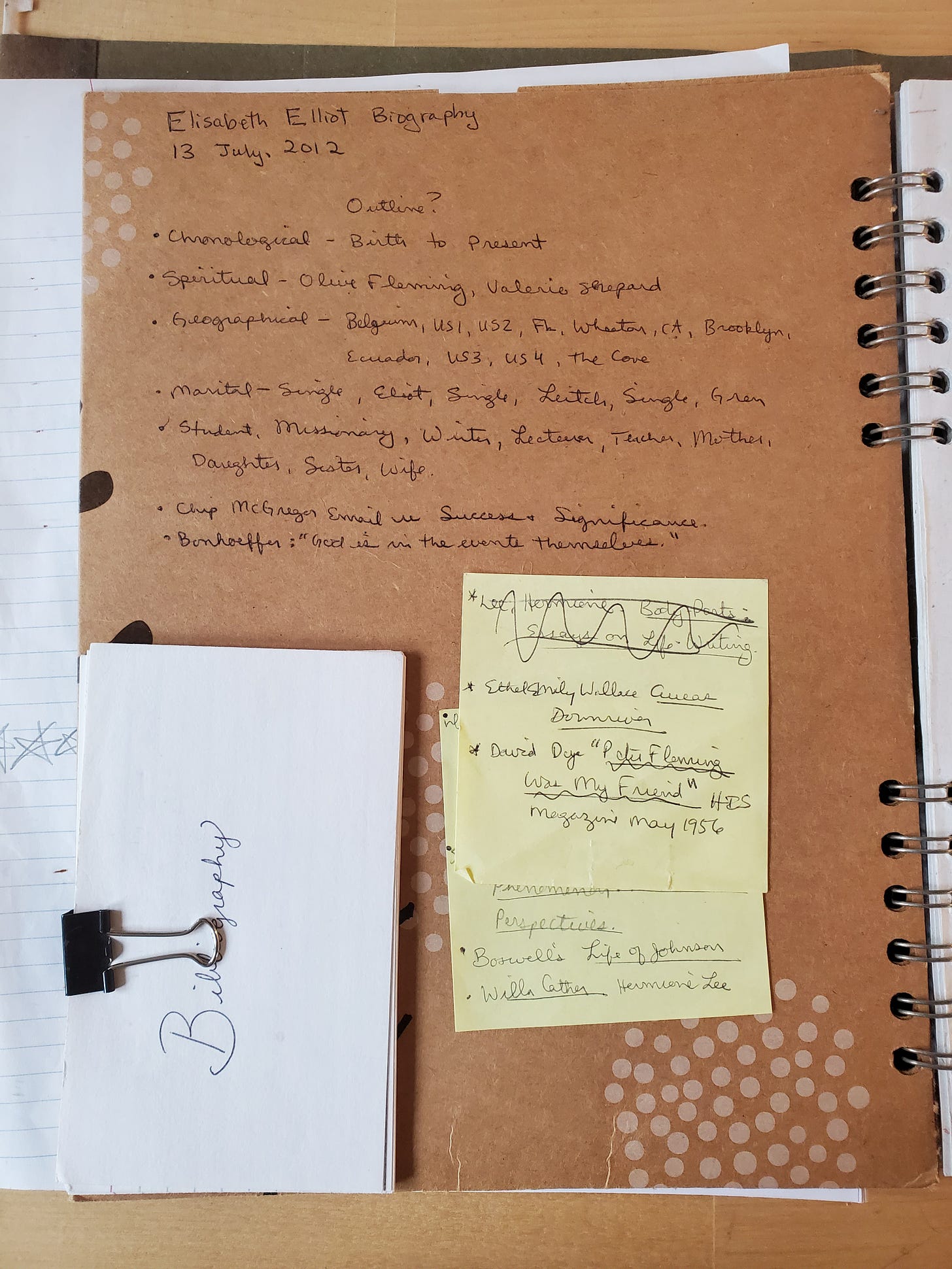 On a brown spiral bound notebook made from recycled paper are the words "Elisabeth Elliot Biography, 13 July, 2012" and notes about various approaches to an outline. Clipped to one corner are a stack of 3x5 cards labeled "Bibliography," and in another corner are yellow post-it notes with lists of books and articles to get copies of. 