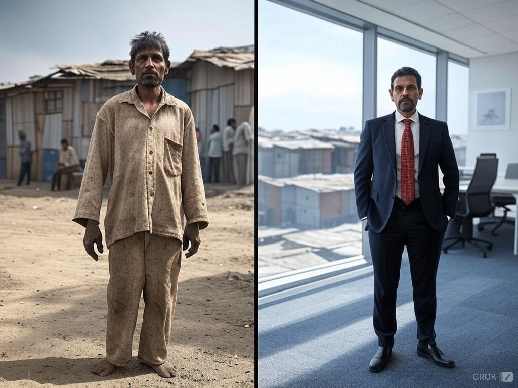 The Magic of American Dirt: a Before and After image! An Untouchable becomes a Brahmin businessman with just a little Magic American Dirt!