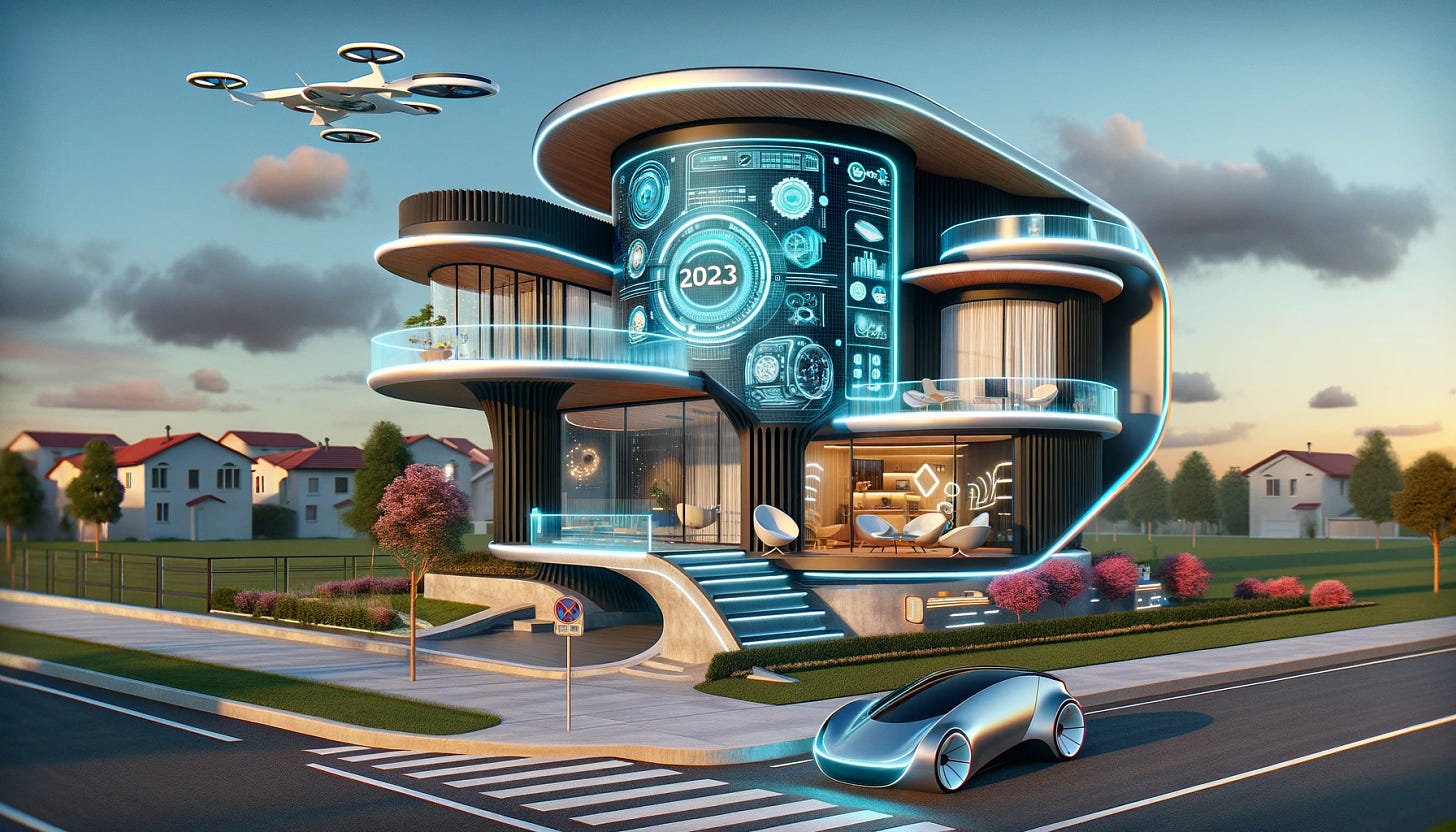 A horizontal image showing a futuristic smart home inspired by the concept of The Jetsons, but with a unique 2023 design. The home features sleek, curved architecture, and is equipped with advanced technology such as holographic interfaces, automated systems, and robotic appliances. The exterior of the home is shown in a suburban setting, with a flying car parked outside. The environment blends contemporary styles with futuristic elements, creating a vision of what a smart home in 2023 might look like, influenced by the imaginative world of The Jetsons.
