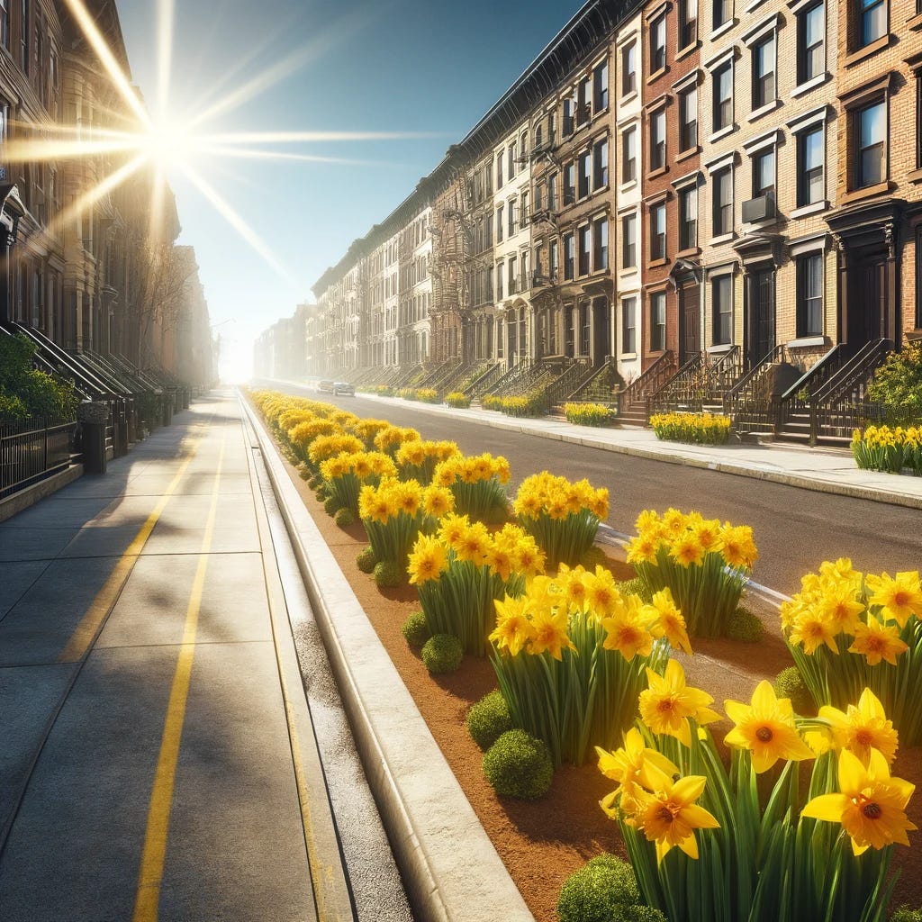 A photorealistic image of an empty Brooklyn sidewalk with all the berms along the street filled with vibrant yellow daffodils. The street is lined with classic brownstone buildings, and the scene is set in the daytime with a blazingly sunny clear blue sky. The sunlight is intense, casting sharp shadows and making the yellow daffodils and the brownstones appear vivid and bright. The sidewalk is clean, and the overall atmosphere is cheerful and warm.