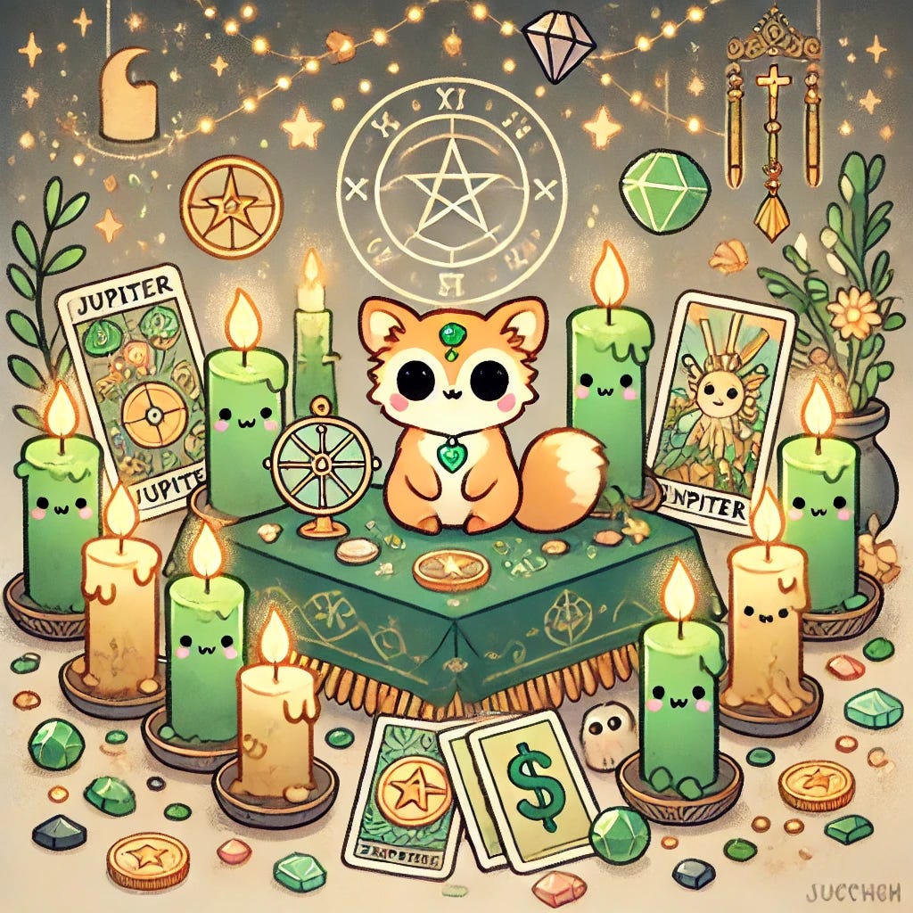 A cute and mystical illustration focused on money magic. The image should feature an enchanting altar setup with green and gold candles, a sigil of Jupiter, and tarot cards like The Wheel of Fortune, The Empress, and The Ten of Pentacles. Include precious stones such as Citrine, Pyrite, and Jade, and adorn the altar with whimsical elements like tiny glowing coins and dollar bills, cute magical symbols, and perhaps small, friendly spirits or animals assisting with the ritual. The background should have a cozy, magical feel with twinkling lights and a faint image of Jupiter, creating a warm and inviting atmosphere that conveys the charm and power of money magic.