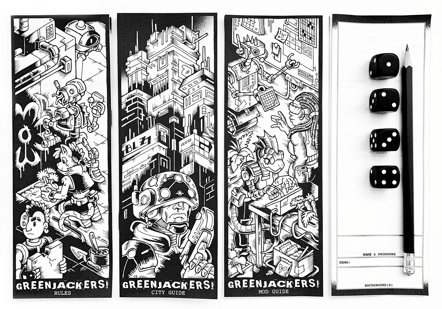 Image featuring artwork from the Greenjackers pamphlets, depicting various cyberpunk scenes.