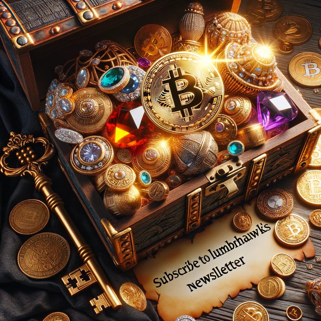 Photo of an open treasure chest overflowing with jewels, gold coins, and a grand key. Among the treasures, a glowing Bitcoin stands out as the crown jewel. On the edge of the image, in subtle lettering: 'Subscribe to LumBerHawk's Newsletter'.