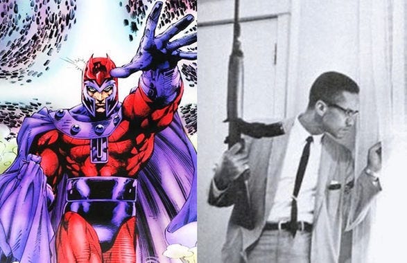 Photo of Marvel’s Magneto standing his ground, side-by-side with an iconic photo of Malcolm holding a rifle and looking vigilantly out the window of his home, standing his.