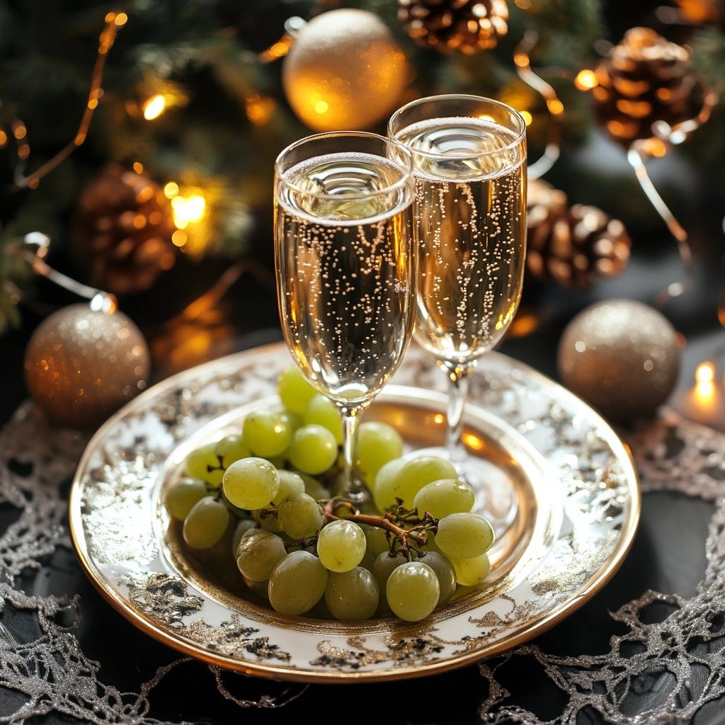 Twelve grapes on a festive plate, ready to be eaten for prosperity in the new year.