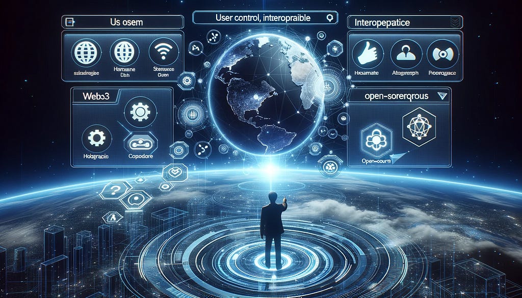 Digital render of a user navigating a holographic interface, showcasing various web3 platforms, highlighting user control, interoperability, and open-source protocols.