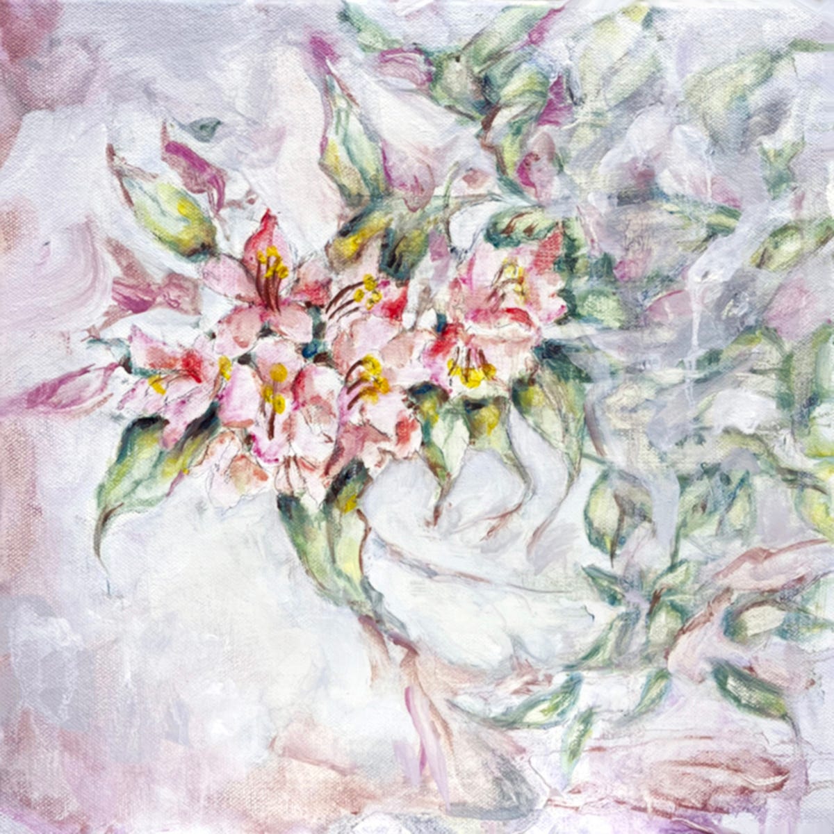 Abstract painting of rhododendron flowers with a smokey grey background.