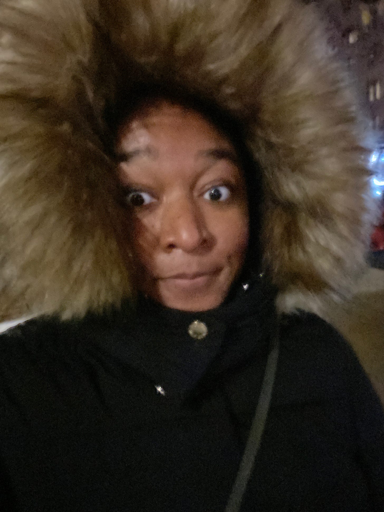  Selfie of Alexa in a black coat with a big faux fur hood. You can make out a sliver of a building n the side of the photo, behind her big hood. It’s freezing outside. 