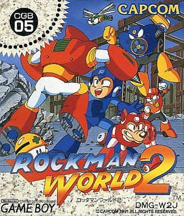 The cover of Rockman World 2, the name for Mega Man II in Japan. It features Mega Man in his more traditional, non-western form, with his dog rush, surrounded by attacking robot masters.
