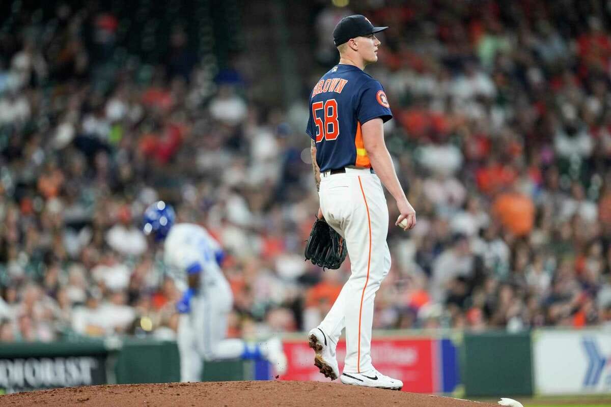 Houston Astros starting pitcher Hunter Brown (58) turns toward the outfield after giving up a 2-run home run to Kansas City Royals right fielder Nelson Velazquez during the second inning of a Major League Baseball game on Sunday, Sept. 24, 2023, in Houston.