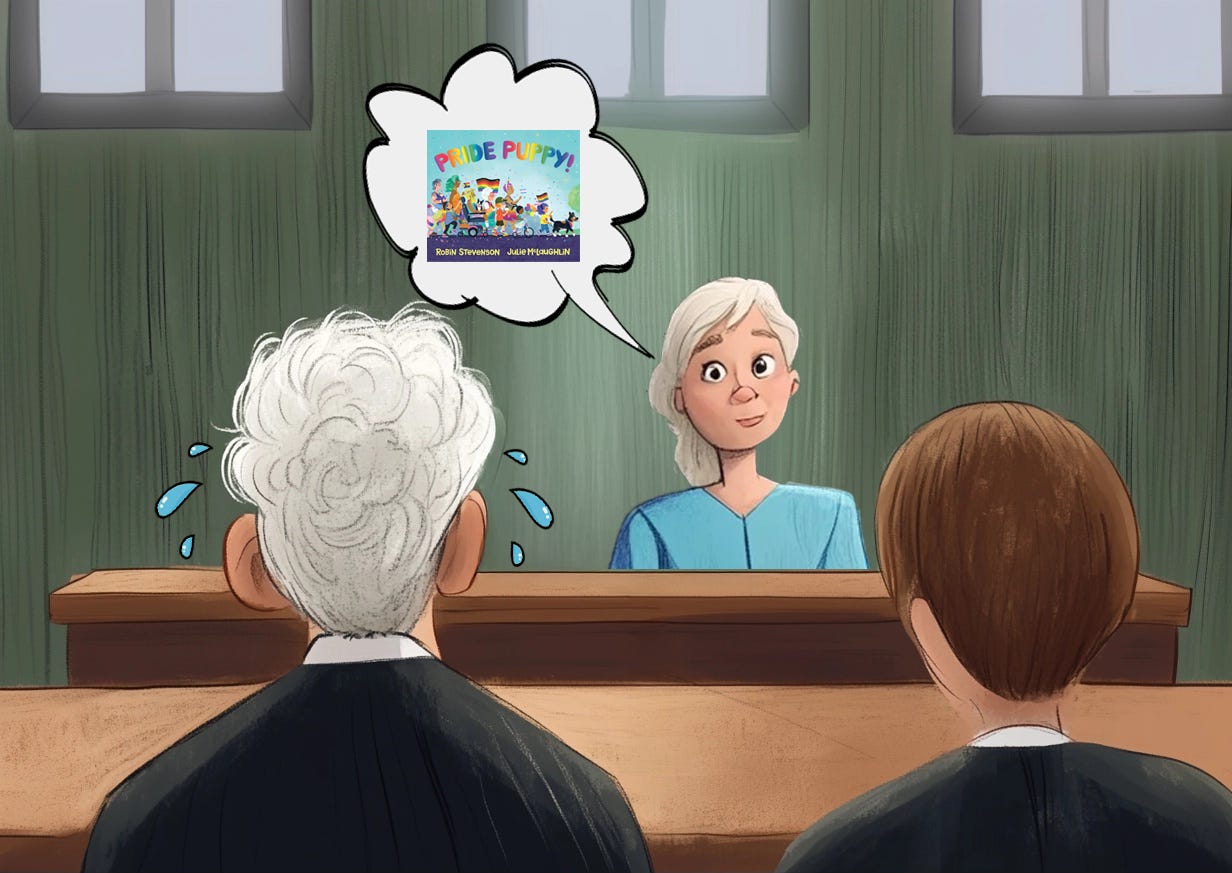 an illustration of neil gorsuch sweating in a court room