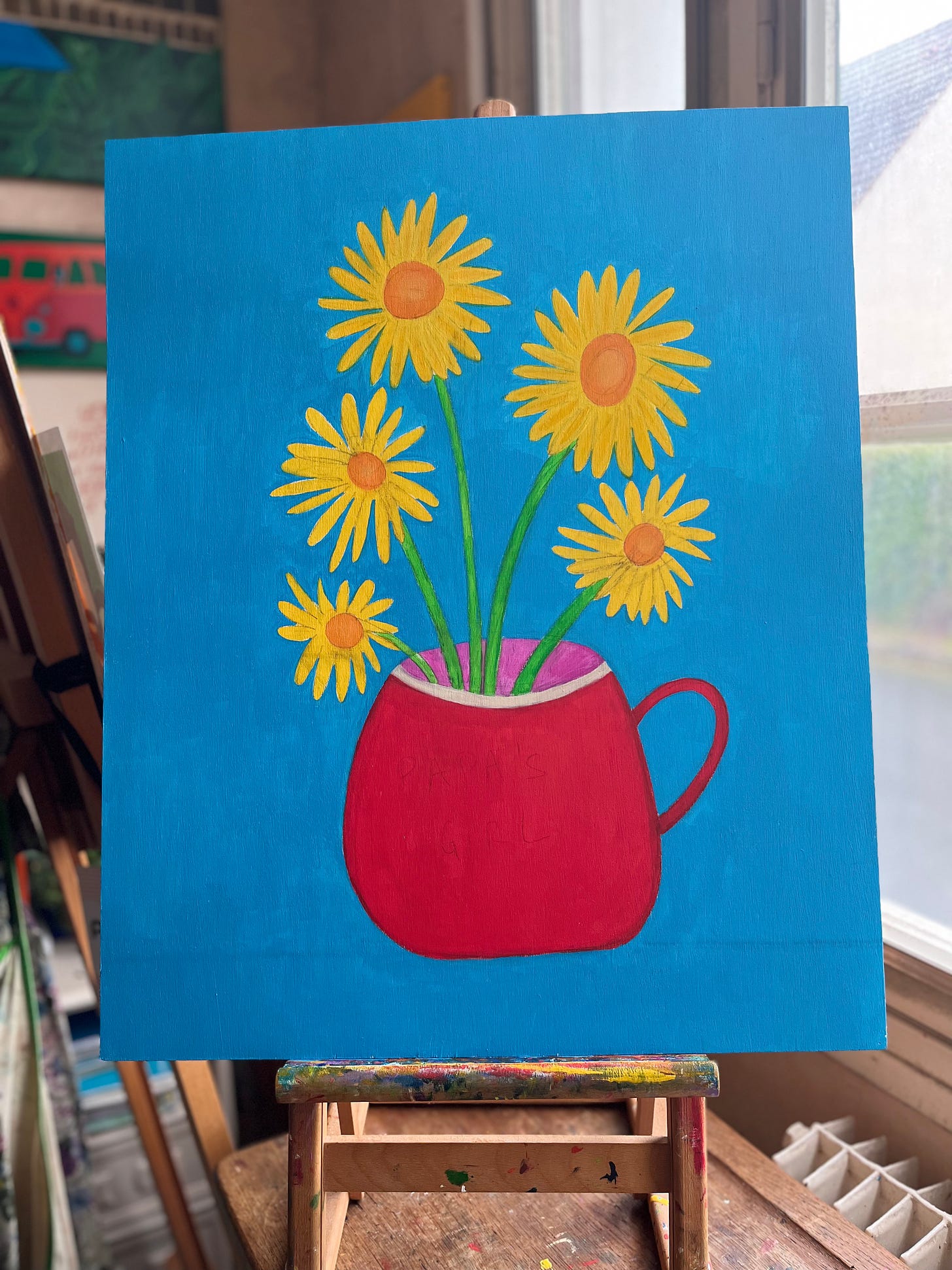 A painting of five yellow flowers in a red cup on a blue background