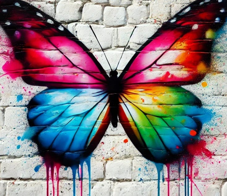 A close-up of a white brick wall with a butterfly spraypainted on it. The butterfly is vibrant and colorful, with paint dripping from the edges of its wings, creating a dynamic effect as the paint runs down the wall, mixing slightly with the wall's texture. The overall scene is urban and artistic, with the contrast between the clean white bricks and the chaotic, dripping paint.