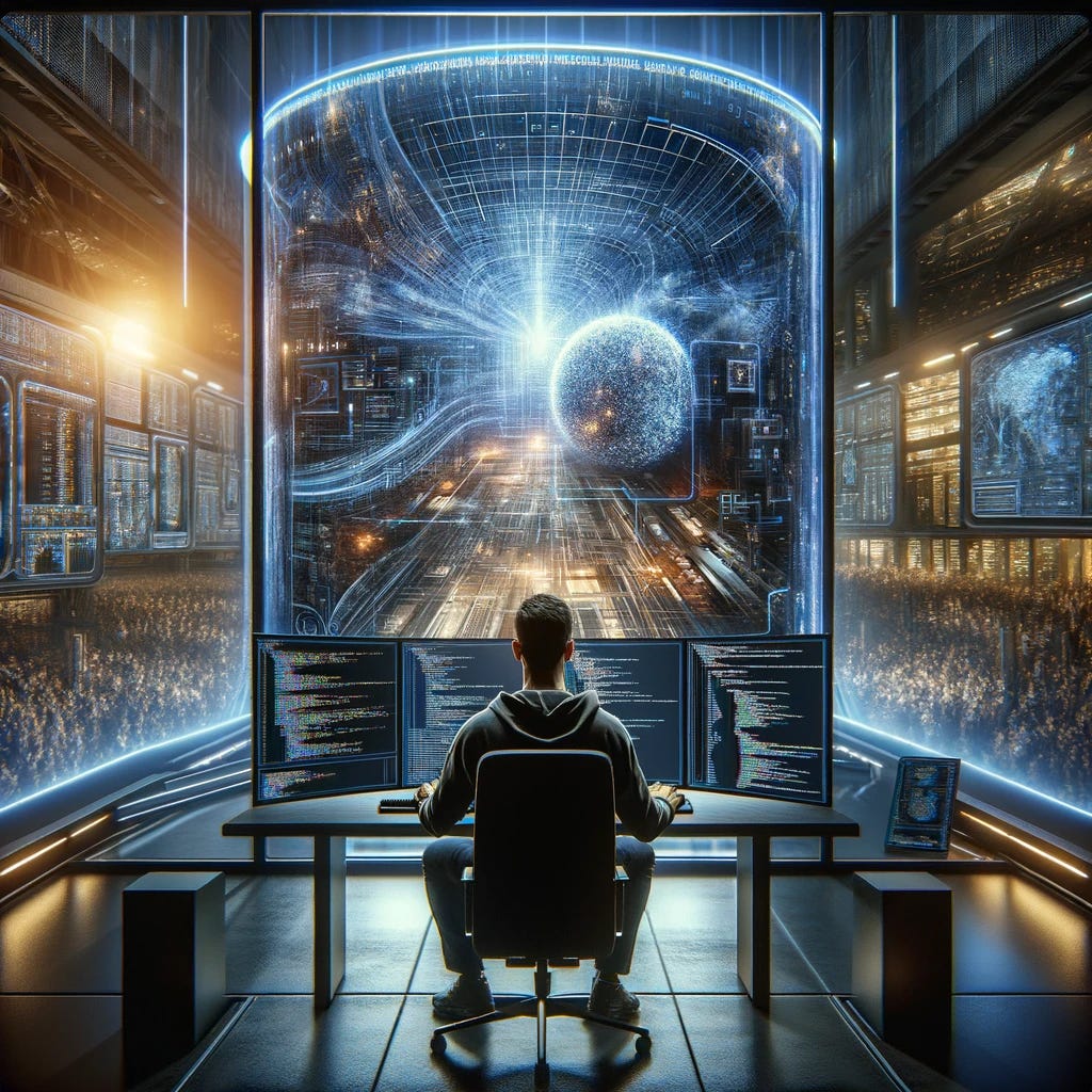 Create an image of a programmer, of Hispanic descent and male, sitting in a high-tech office, using a large language AI model with a vast memory capacity. The AI model is represented as a futuristic, colossal screen filled with complex data and algorithms, simulating thousands of processes simultaneously. The programmer is intently focused, typing on a futuristic keyboard, surrounded by smaller screens displaying various data streams and code. The background is cinematic, featuring dramatic lighting and a grand, futuristic cityscape visible through large windows, emphasizing the advanced technology and the scale of the AI's capabilities.