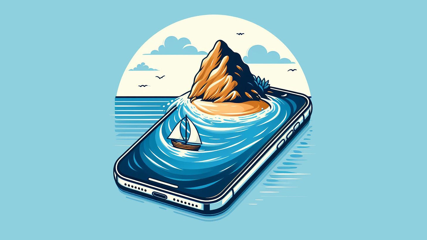 An illustration of an iPhone with an ocean inside it, with a sailboat sailing to the island at the top of the iPhone screen