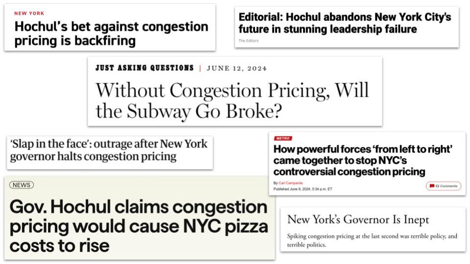 Slide: headline roundup of Hochul pausing congestion pricing
