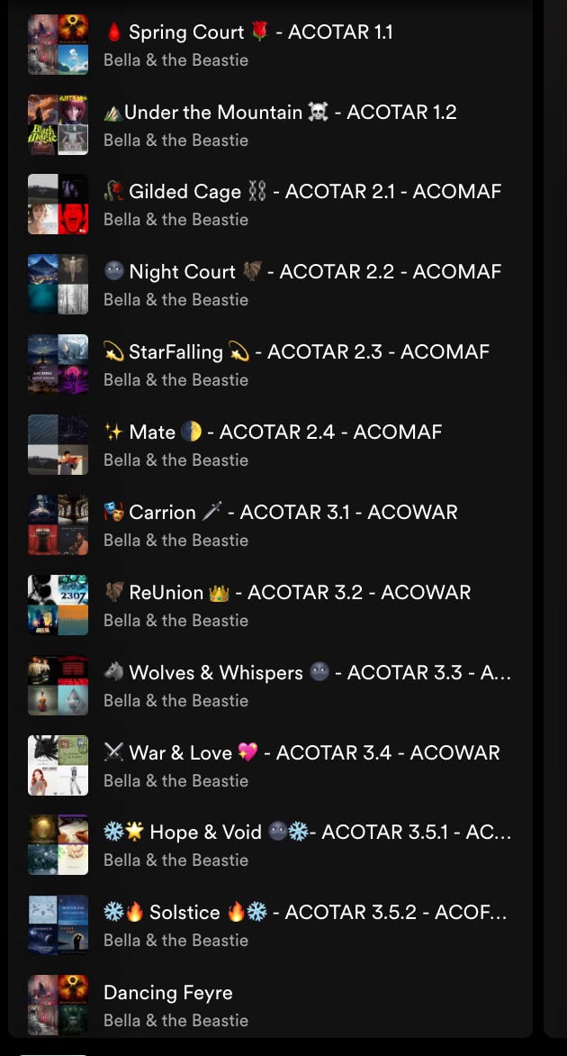 Screenshot of the Spotify playlist collection, appropriate emojis and all: Spring Court, Under the Mountain, Gilded Cage, Night Court, Star Falling, Mate, Carrion, Re-Union, Wolves & Whispers, War & Love, Hope & Void, Solstice, Dance Feyre