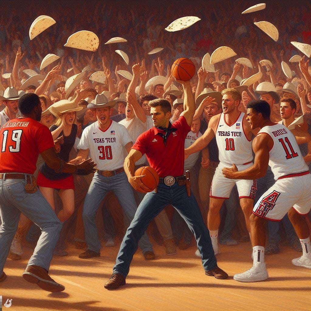 Texas Tech fans throwing tortillas at BYU basketball players, in the style of Winslow Homer