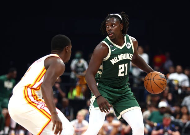 Jrue Holiday#21 of Milwaukee Bucks handles the ball during a preseason NBA game between Atlanta Hawks and Milwaukee Bucks at Etihad Arena on October...