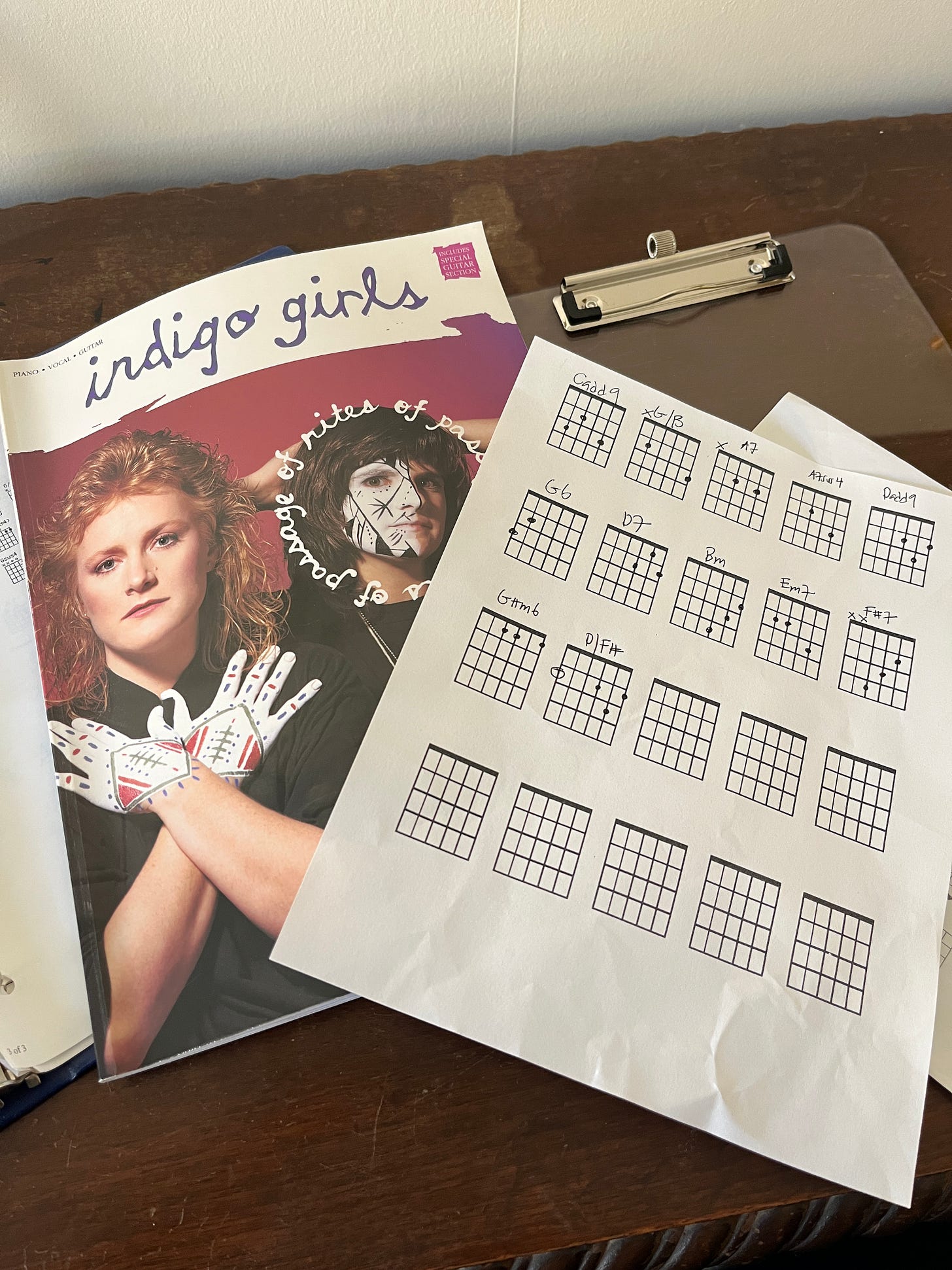 An image from the cover of the Indigo Girls' album, "Rites of Passage," with Amy Ray and Emily Saliers, some white paint on their hands and face, along with a guitar chord chart with twelve chords filled in by Robyn