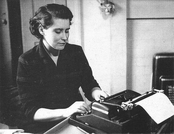 Doris Lessing at her writing desk