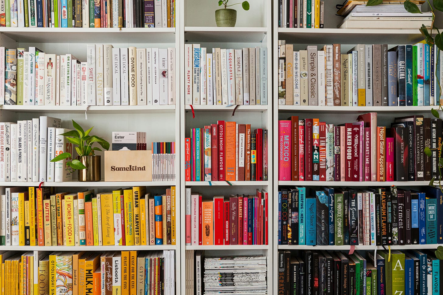 Books on white wooden shelves.