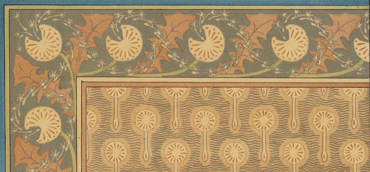 A portion of a dandelion illustration from 1896, featuring dandelion puffs in deep blue, green, and rust red, spreading their seeds, along with an upclose illustration of the seeds themselves.