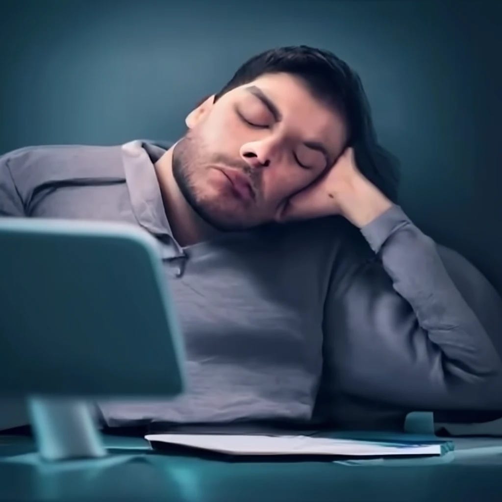 man sleeping at office desk drooling in front of computer