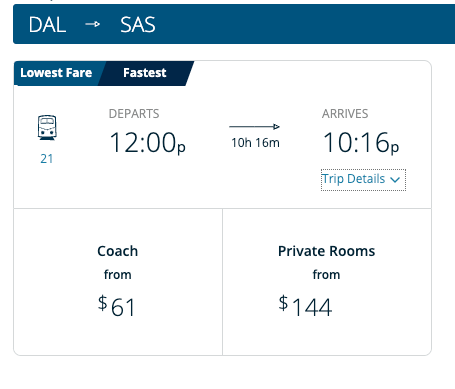 A screenshot of an Amtrak itinerary for the Texas Eagle route from Dallas (DAL) to San Antonio (SAS). The train departs at 12:00 PM and arrives at 10:16 PM, with a total travel time of 10 hours and 16 minutes. The fare options include Coach, starting from $61, and Private Rooms, starting from $144. Additional trip details are available via a dropdown option.