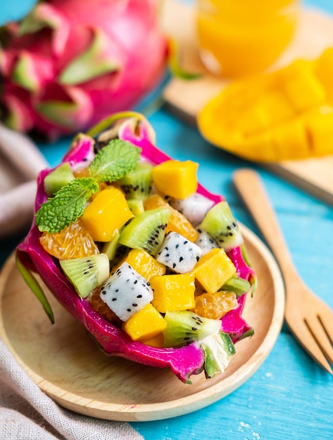 Mixed Tropical and Exotic Fruit served in Dragon Fruit