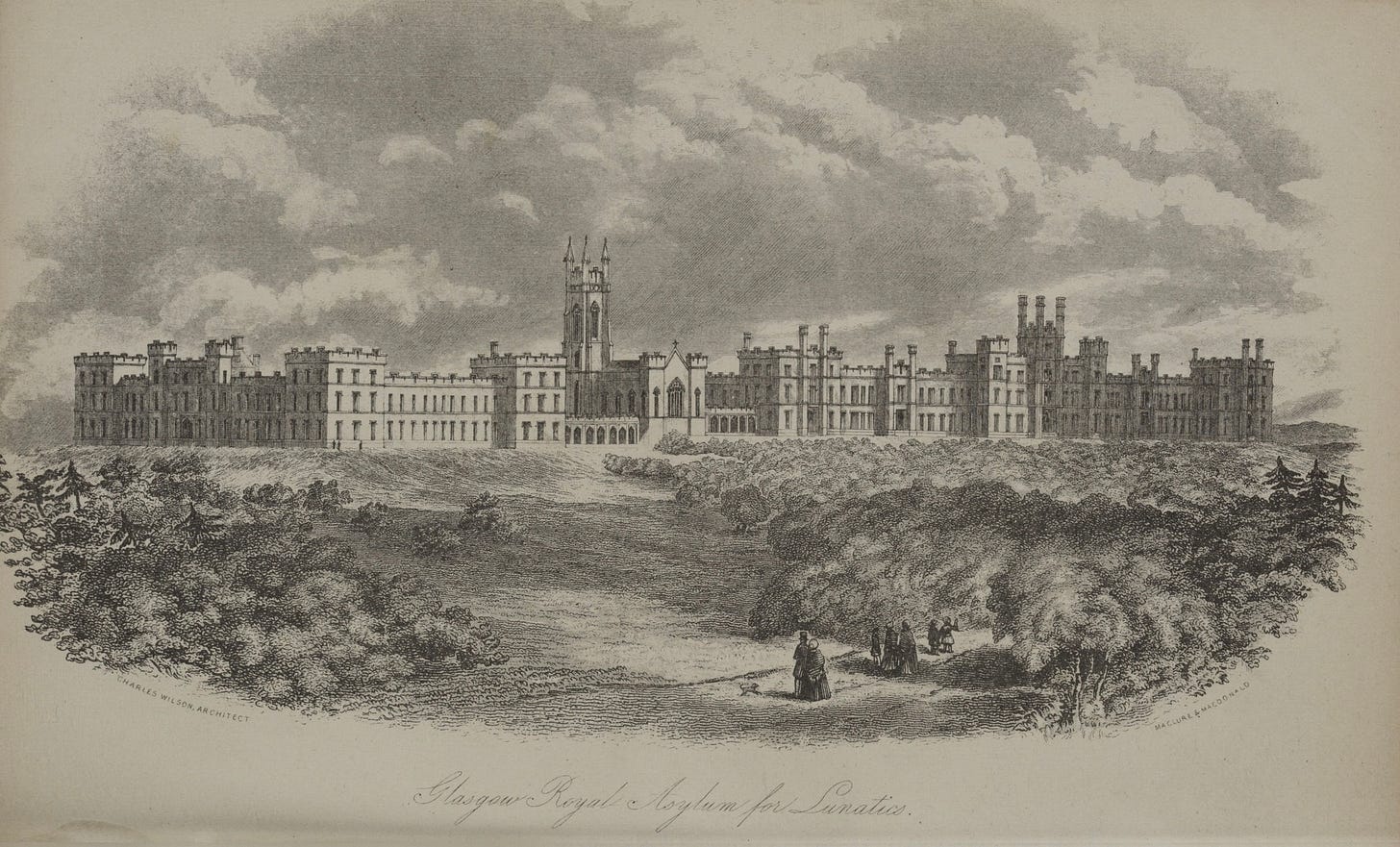 An engraving of a huge Victorian building designed in the Tudor Gothic style. Clouds billow behind it. In the foreground are low trees and bushes. Several people and a tiny dog walk by.