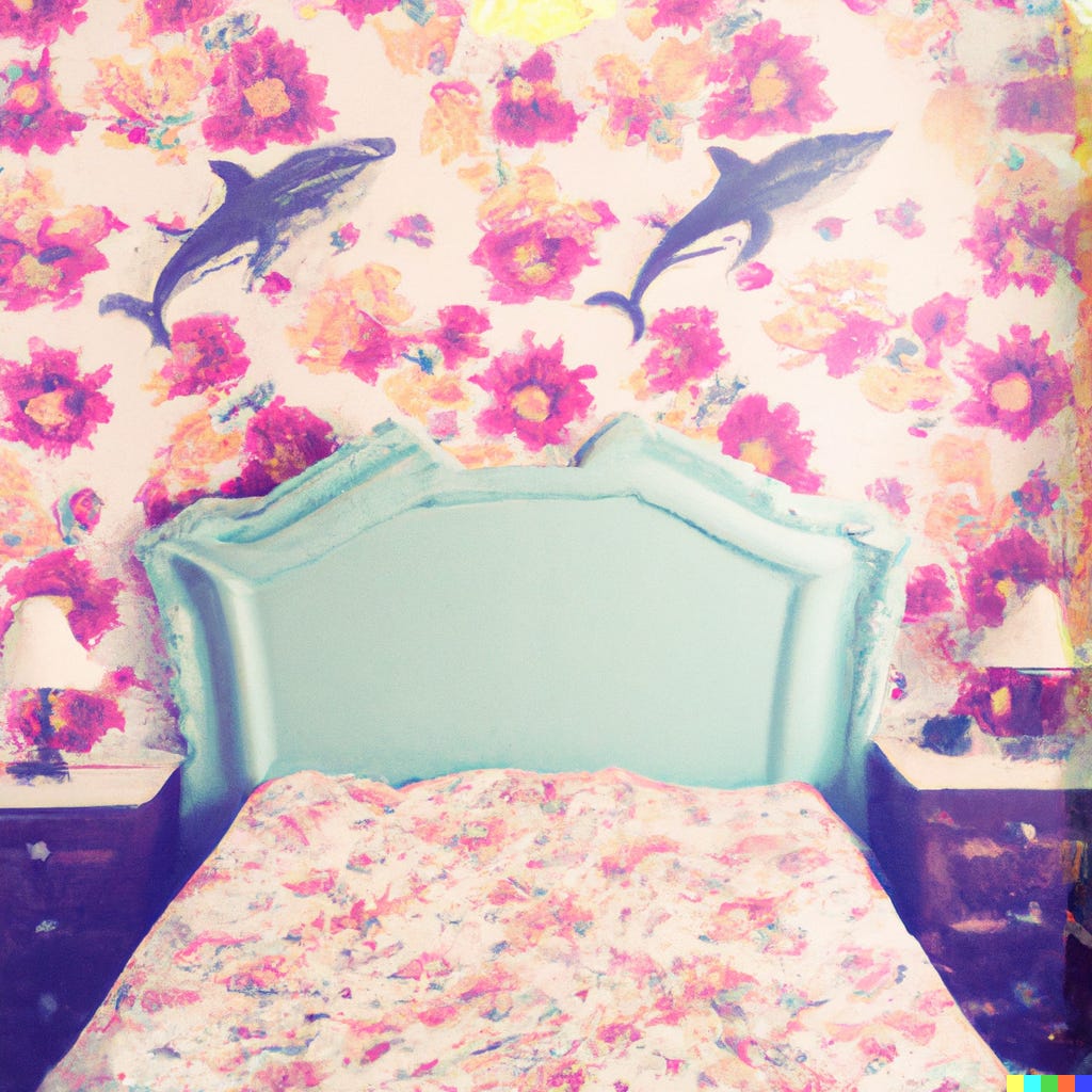 An AI-assisted image that looks like a vintage color photo of a bedroom with floral shark wallpaper.