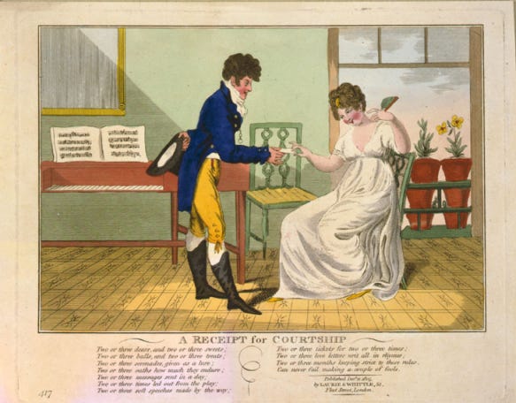 Regency illustration of a man giving a woman a letter. 